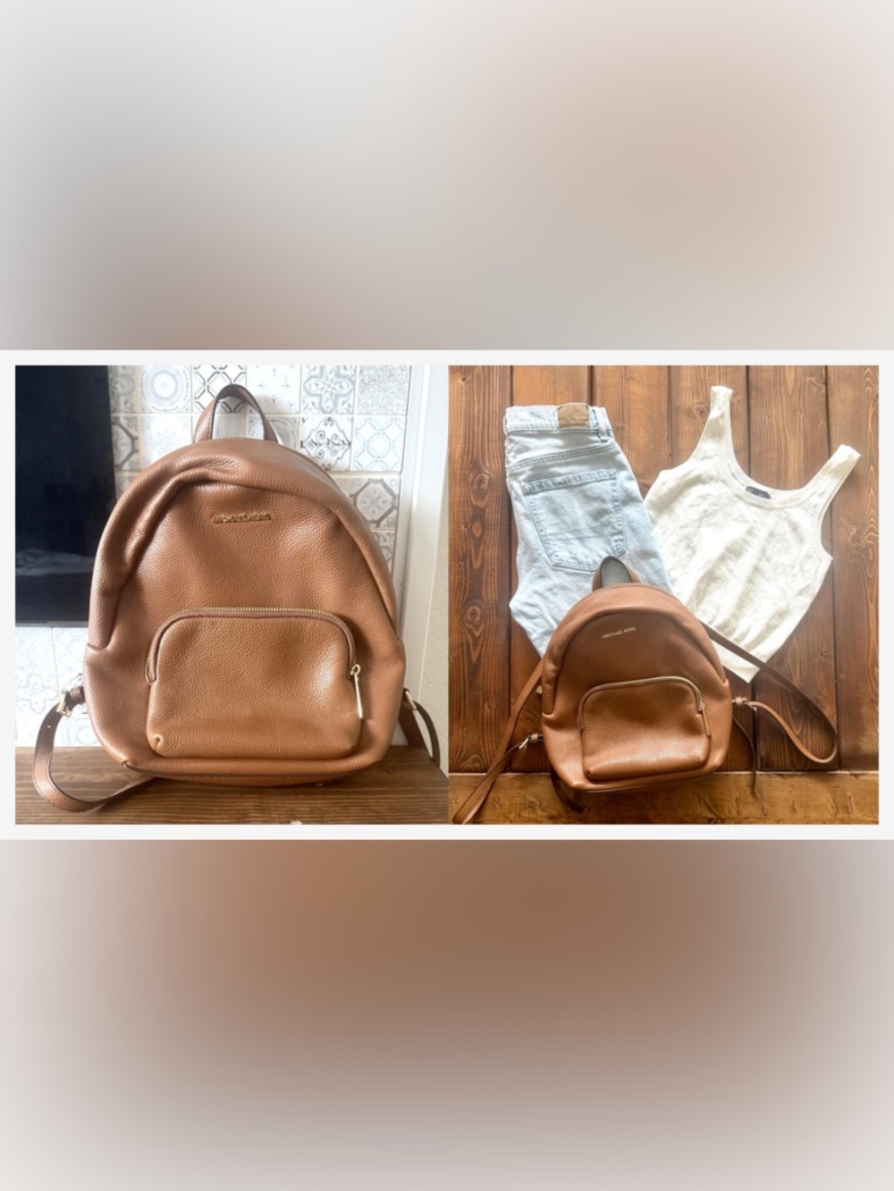 Michael Kors Brown Leather Backpack Pebbled Medium Cognac Zip Bag